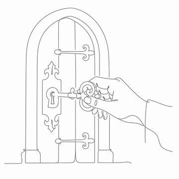 Continuous line art illustration of a human hand holding an ornate vintage skeleton key and inserting it into the keyhole of a decorative arched wooden door on white background.