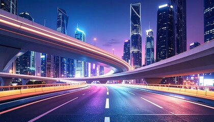 Fototapeta premium A futuristic cityscape at dusk with a highway and skyscrapers (1)
