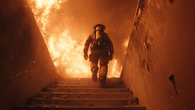 The image depicts a firefighter walking up a concrete staircase toward a massive, intense blaze filling the background. The firefighter is wearing full protective turnout gear, a helmet, and oxygen eq