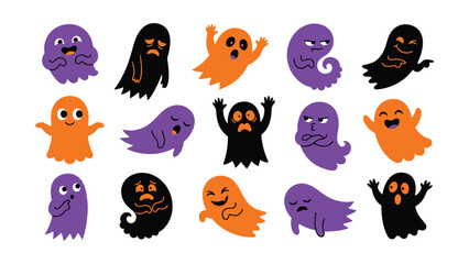 Fototapeta premium Colorful cartoon ghost characters with various expressions and transparent backgrounds