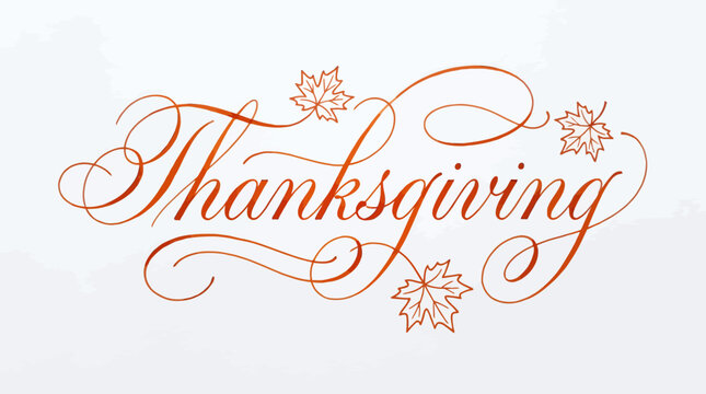 Elegant copper calligraphy lettering of Thanksgiving word with maple leaves on light textured background, symbolizing autumn holiday and representing festive seasonal greeting design