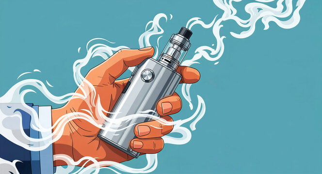 Hand holding electronic cigarette with vapor. Modern vape mod illustration with thick smoke. Lifestyle concept for health or retail ads.