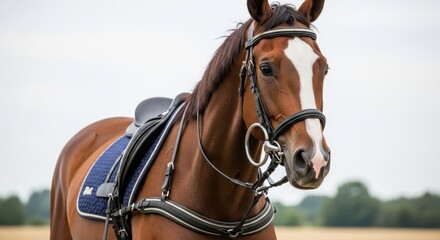 Fototapeta premium Brown and white horse with saddle in outdoor field.