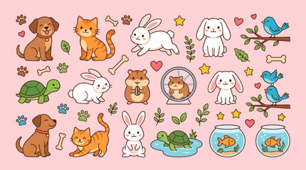 Obraz premium Cute kawaii domestic pet animals collection set with dog cat rabbit hamster bird and fish on pink background, illustrating educational nursery decor and representing pet shop branding