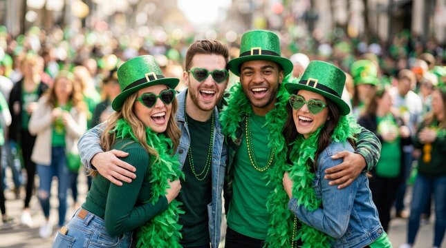 Four young adult friends happily celebrating St Patricks Day in a crowd.