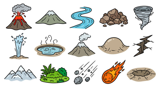 Hand drawn natural disaster and geographical landform icons including volcano, tornado, river and mountains on white, covering educational geography material, illustrating environmental phenomena