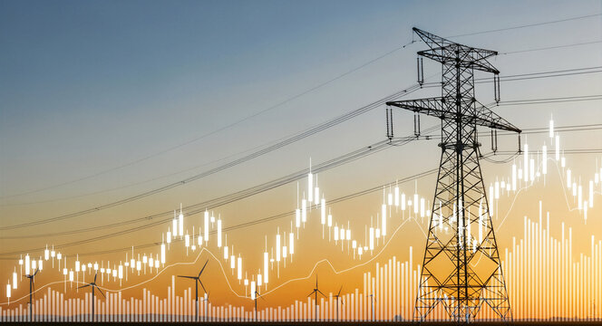 High-voltage pylon and wind turbines at sunset. Financial stock market charts and data overlay. Energy price and utility investment concept for global markets.