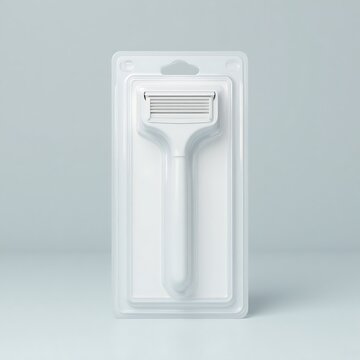 Minimalist white razor in plastic packaging with clean studio presentation and modern design on pale background.