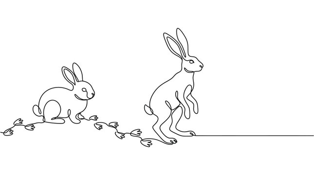 Continuous line drawing of two cute rabbits playing in a meadow.