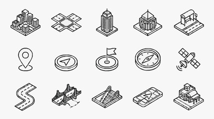Corporate Isometric Icons Set Featuring Buildings Navigation Tools and Urban Elements in Black and White Line Art © Lani