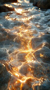 Golden Sunlight Reflections On Clear Shallow River Water Flowing Over Textured Dark Riverbed Stones