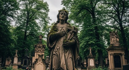 Obraz premium Bronze statue of woman in old cemetery with trees.