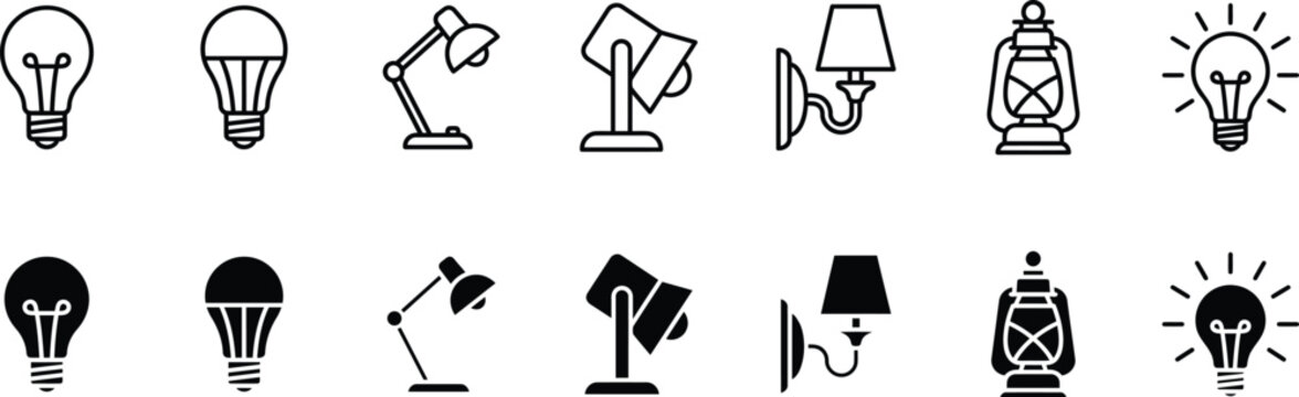 Lighting icons collection line and solid styles for interior design and electrical applications