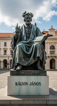 Bronze statue of Calvin Janos in historical square.