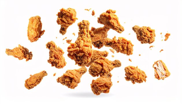 Fried chicken pieces falling on white background