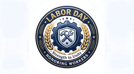 Fototapeta premium Happy labor day graphic emblem featuring industrial gear and construction tools, industrial
