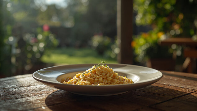 Plate of spaghetti with fresh herbs outdoors on a wooden table with blurred garden background italian food seafood pasta aglio e olio mac and cheese spaghetti alla puttanesca spaghetti