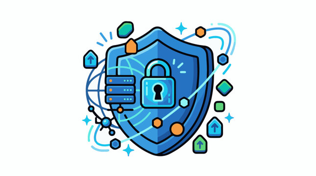 Digital security shield with lock servers globe and data streams