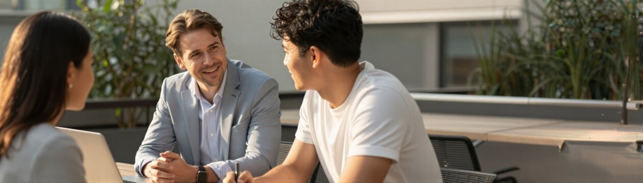 Captures Moment Two Individuals Engaged In To Professional Conversation Outdoors Daytime Main Subjects Seated Across From With One