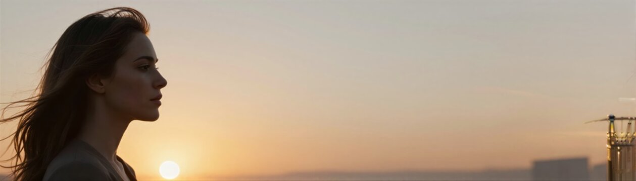 Captures Silhouette Of Woman Standing Against Backdrop Sunset Sky To Dusk Dawn Positioned On Left Side Frame With Profile As Gazes