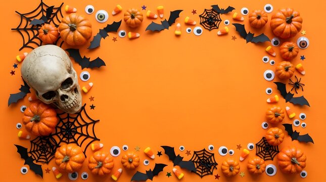 Halloween frame with skull, pumpkins, candy corn, bats, spiders, and googly eyes on orange background