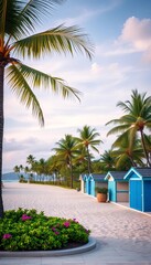 Fototapeta premium Seaside landscape with palm trees and beach huts, tropical, ||beach