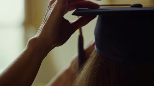 hands adjusting a graduation cap in a serene and focused indoor setting with natural light, close-up view above the eye level, education and graduation context.