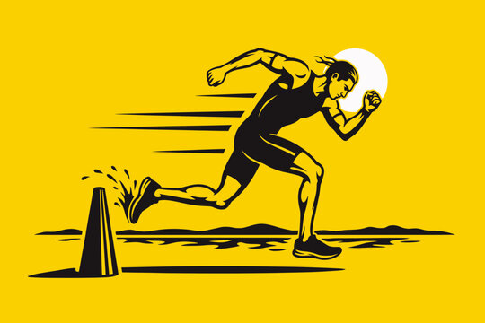 Runner sprinting past cone on yellow background athlete sports fitness track racing