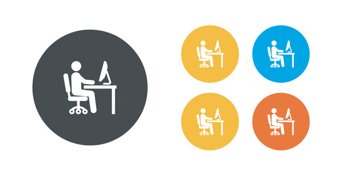 Business office worker sitting at computer desk icon set in colorful circular flat design style