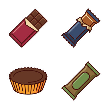 Flat color icon sheet of 4 candy and chocolate bar varieties arranged in 2x2 grid, includes chocolate bar, caramel wafer, peanut butter cup, nougat caramel bar
