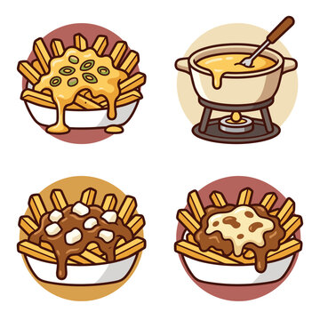 Flat color icon sheet of 4 cheese fry and fondue varieties in a 2x2 grid, featuring cheese fries with green onions, fondue pot with dipper, poutine fries with gravy and curds, and disco fries with