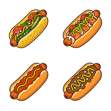 Flat color icon sheet of four gourmet hot dog toppings arranged in a 2x2 grid, chicago style, sonoran, new york onion sauce, detroit coney island dog, pixel art food illustration
