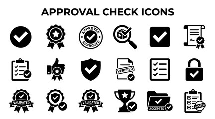 A collection of black vector icons representing approval, validation, and quality assurance for business use. © MstSomaya