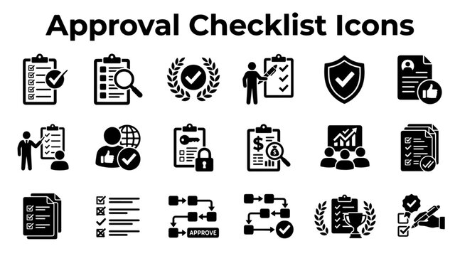 A comprehensive collection of black vector icons representing business approval, verification, and task completion.