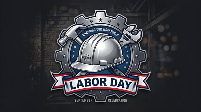 Labor day emblem with hard hat and tools