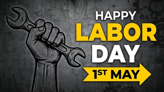 Happy labor day 1st may poster with hand holding wrench