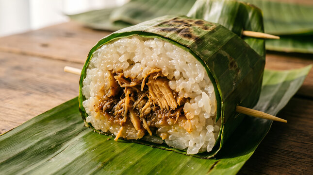Close-up of authentic Indonesian lemper with tender glutinous rice and seasoned chicken filling, perfect for restaurant advertising, culinary magazines, and food blogs.