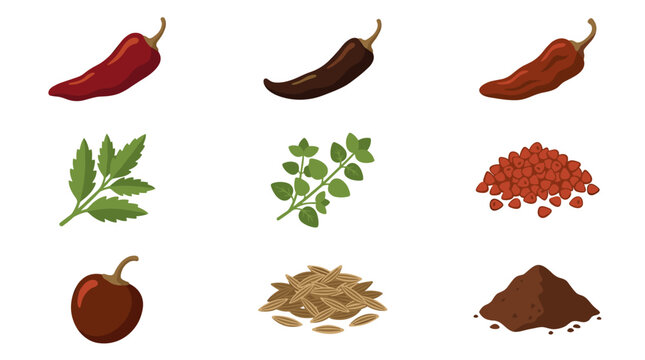 Pixel art set of Mexican spices and flavors, including dried chilies like ancho, mulato, and chipotle, epazote herb, Mexican oregano, achiote seeds, and ground spices, arranged in a 3x3 grid, flat