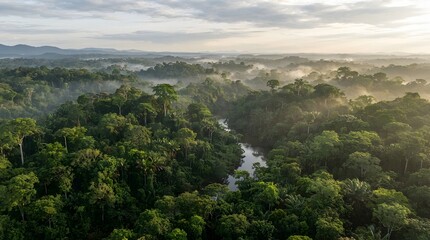 Fototapeta premium A view from above of a dense rainforest rich in biodiversity and lush green trees, with a small stream flowing through the middle 