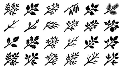 Fototapeta premium A collection of various leafy branches and silhouettes on a white background in a graphic illustration.