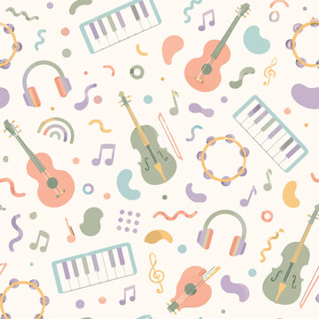 Whimsical pastel musical instrument pattern with textured guitars, keyboards, and melodic notes