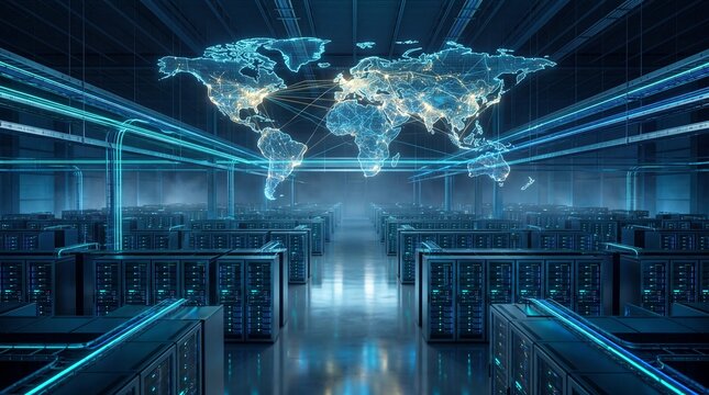 Data center with rows of server racks, glowing blue lights, digital world map overlay, global network connection, modern technology, secure cloud infrastructure