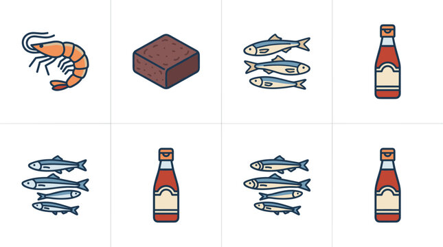 Set of four umami flavor icons in pixel art style, flat color, including shrimp, fermented paste, anchovy, and fish sauce bottle, 2x2 grid