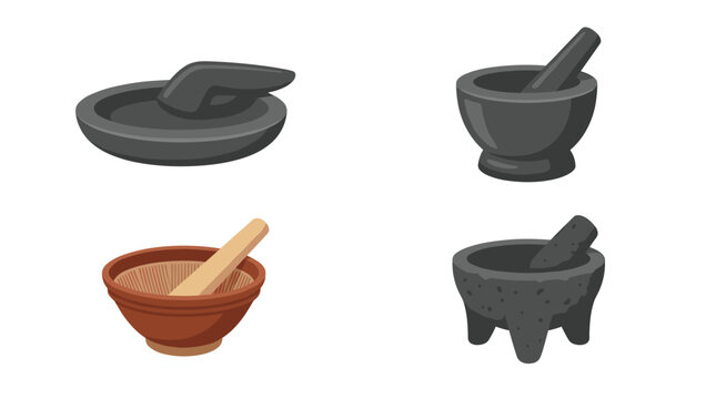 Set of four traditional mortar and pestle icons in pixel art, showcasing Indonesian cobek, Thai granite, Japanese suribachi, and Mexican molcajete, isolated on white