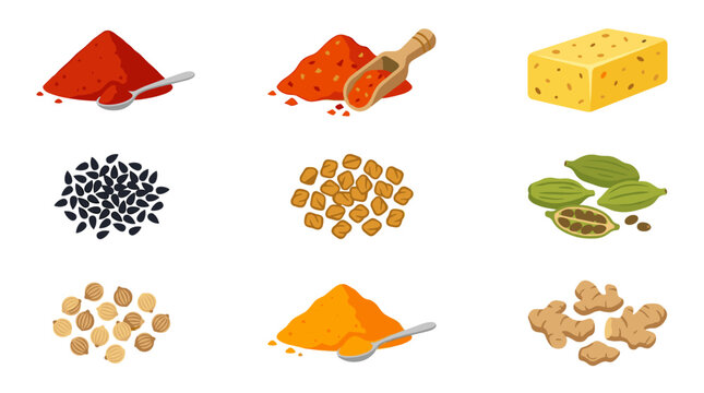 Set of nine Ethiopian spice icons in a 3x3 grid, flat color pixel art, featuring berbere powder, mitmita chili powder, niter kibbeh butter, black cumin, fenugreek, cardamom pods, coriander seeds