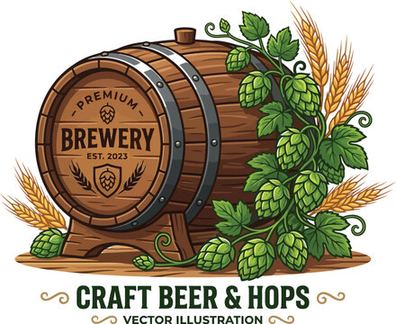 Premium brewery wooden barrel with hops and wheat on a wooden stand with a beige background and white circle
