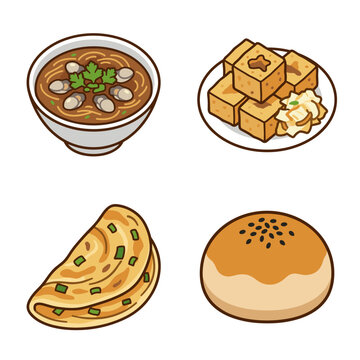 Sheet of 4 flat color pixel art icons featuring Taiwanese street food varieties, oyster vermicelli, stinky tofu, scallion pancake, and pork pepper bun in a 2x2 grid