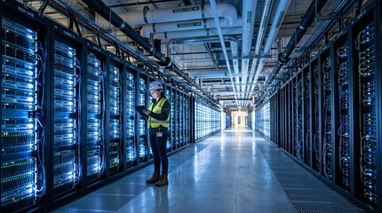 A data center worker reviews a tablet while standing in a long, clinically cool aisle of towering server racks illuminated by bright blue LED lights.