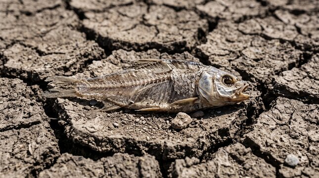A single dead fish bakes on the surface of an empty, severely cracked riverbed, emphasizing the lethal consequences of extreme environmental drought.