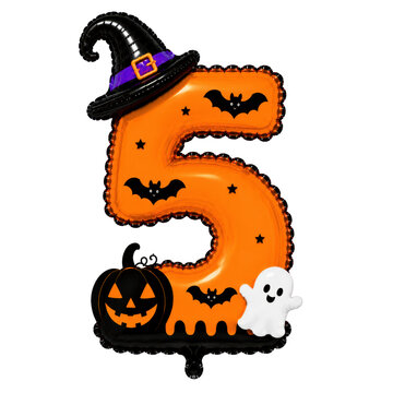 Halloween Balloon Alphabet and Numbers clipart featuring glossy orange foil balloon letters A&ndash;Z and numbers 0&ndash;9 with cute Halloween decorations including a witch hat, bats, pumpkin, ghost, and stars.